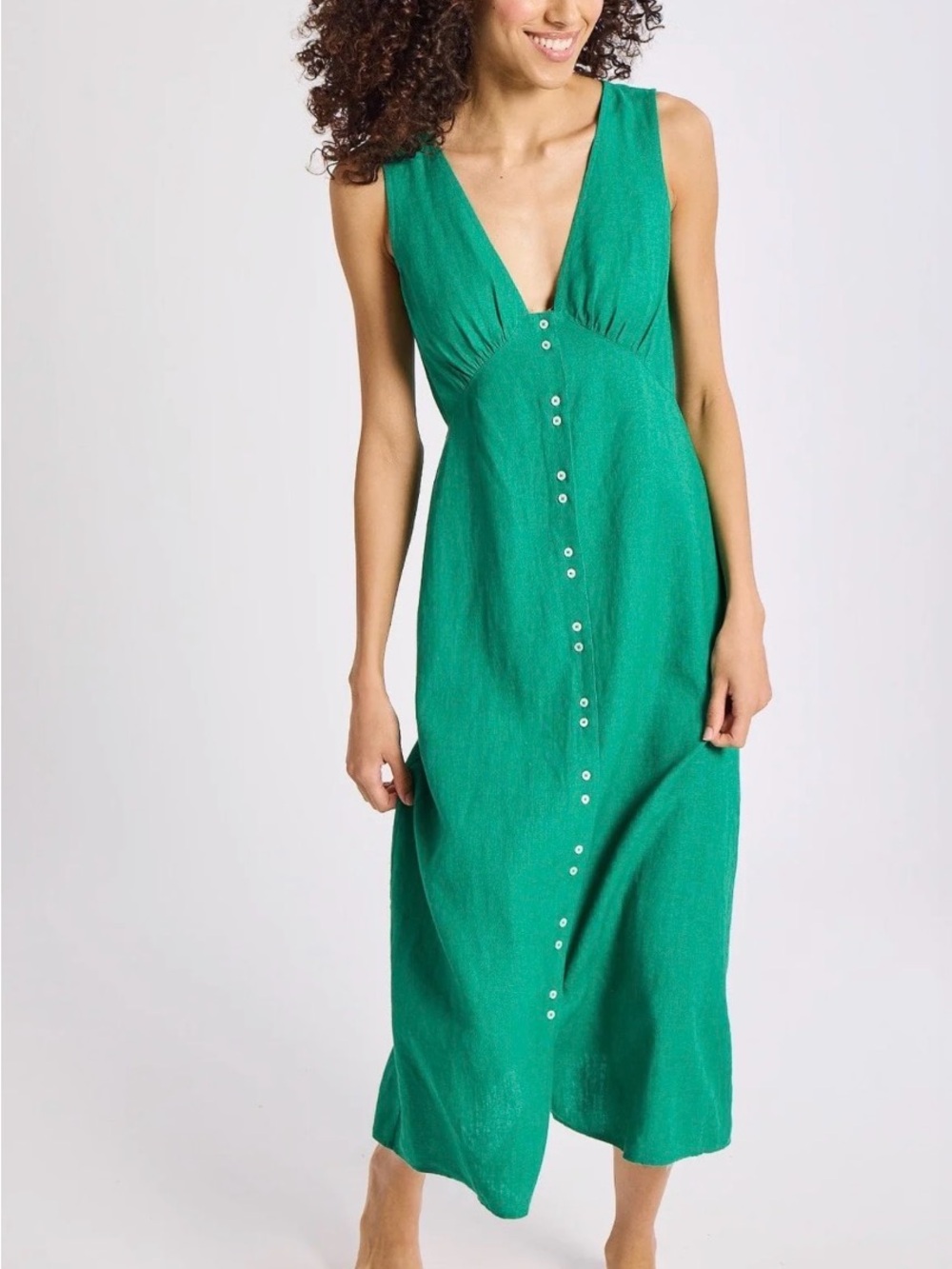 Linen Sleeveless Emerald Button-Front Midi Dress